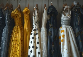 a collection of dresses are hanging on a rack