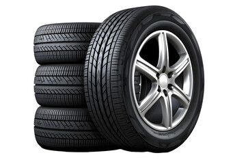 Obraz premium Car tires with a great profile in the car repair shop. Set of summer or winter tyres in front of white fond. On transparent PNG background.