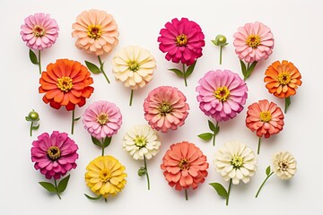 Fototapeta na wymiar Vibrant cluster of zinnia flowers on a clean white backdrop, suitable for elegant text.