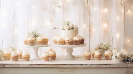 Obraz na płótnie Canvas cupcakes boho setup, white wooden table and white and cream background, bright lights, copy space, 16:9