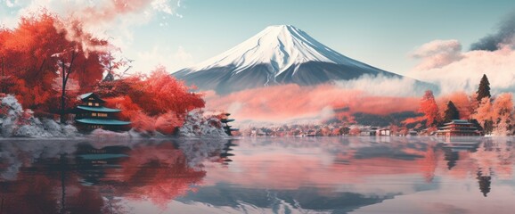 Beautiful view of Mount Fuji with views of trees and lake in front. Generate AI images - obrazy, fototapety, plakaty