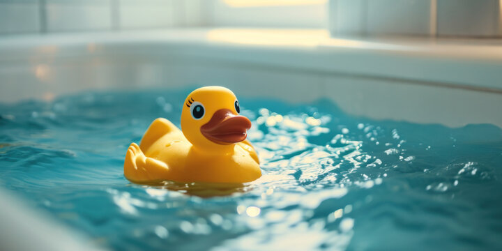 A yellow rubber duck floats on the water of a bathtub
