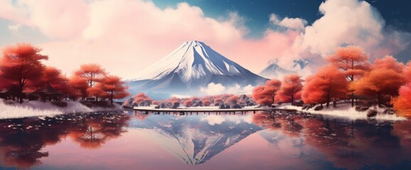 Beautiful view of Mount Fuji with views of trees and lake in front. Generate AI images