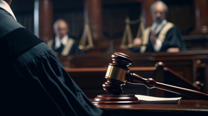 Fototapeta na wymiar law theme, mallet of judge, wooden gavel in courtroom