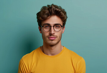 Obraz premium a male man in glasses is posing wearing a yellow shirt