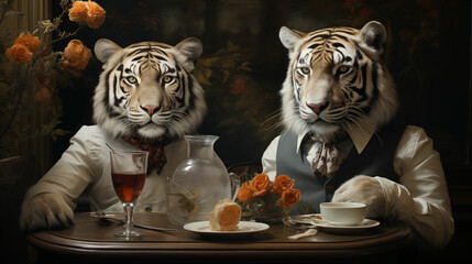 Two tigers in classic clothes are sitting at the table with a cup of coffee. Anthropomorphic animals. Hyper realistic photo generated with AI.