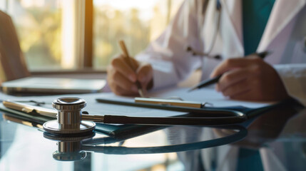 Close-up of a stethoscope on a wooden desk with a blurred background featuring a doctor writing on...