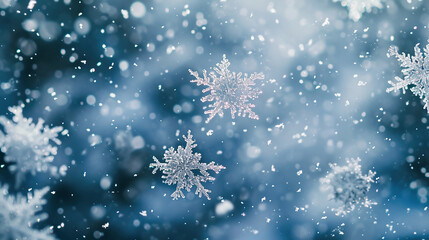 Macro shot of snowflakes during snowfall in freeze motion. Winter landscape with bokeh background