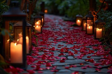 Step into a serene garden at twilight, where a pathway adorned with delicately strewn rose petals beckons you to embark on a journey of exploration - obrazy, fototapety, plakaty