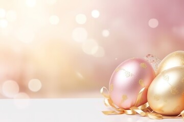 Naklejka na ściany i meble Pastel pink and gold Easter eggs adorned with golden soft glowing background for festive celebrations, copyspace for text.