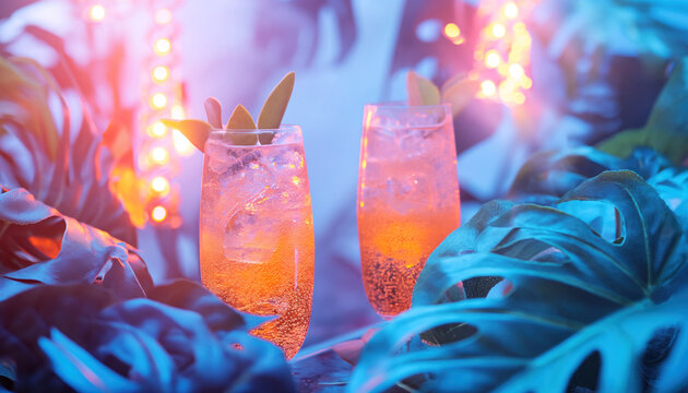 A bizarre scene of tropical cocktails, tropical plant leaves and neon lights