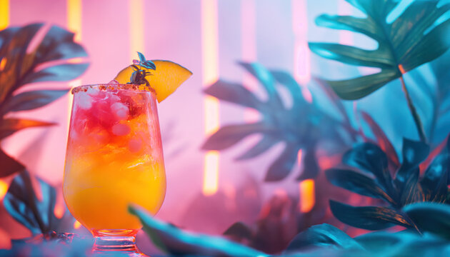 A bizarre scene of tropical cocktails, tropical plant leaves and neon lights