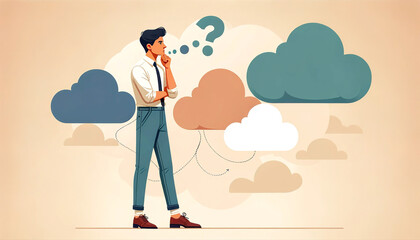 Man in contemplation, standing with thought bubbles and cloud illustrations, representing brainstorming or decision-making in a minimalist beige setting.Concept of ideas and decisions. AI generated.