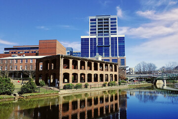 View of downtown Greenville South Carolina skyline and the Reedy River