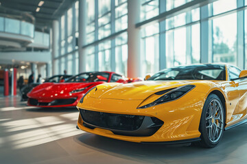Premium red and yellow sports cars in modern dealership showroom with huge windows