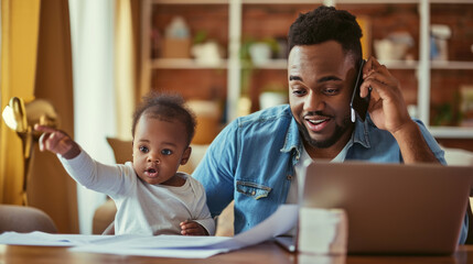Young man multitasking at home; he is holding a baby with one hand and examining papers with the other while talking on the phone.
