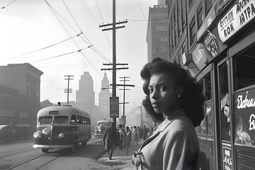 A monochromatic vintage photo of an African American woman walking in the city of Detroit in the 1950s, depicting the historical daily life and culture of the era. - obrazy, fototapety, plakaty