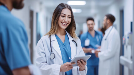 Smiling young female doctor with a stethoscope around her neck, holding a tablet, standing in a hospital corridor.
