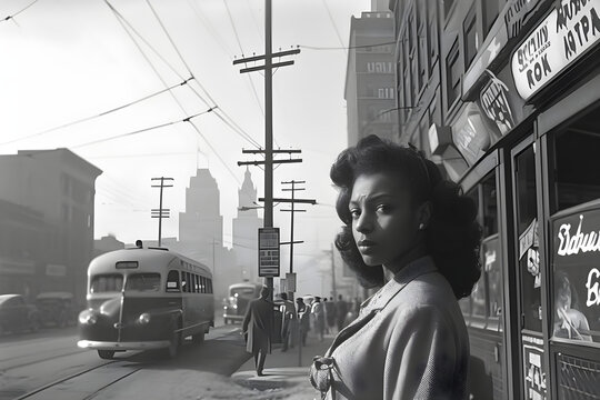 Fototapeta A monochromatic vintage photo of an African American woman walking in the city of Detroit in the 1950s, depicting the historical daily life and culture of the era.