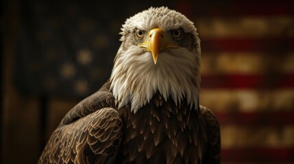 an eagle is standing near an american flag