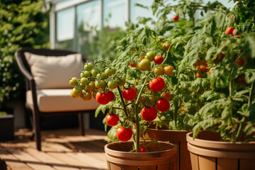 Fototapeta na wymiar Idyllic Balcony Garden with Tomato Plants and comfortable seating area
