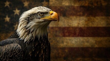 an eagle is standing near an american flag