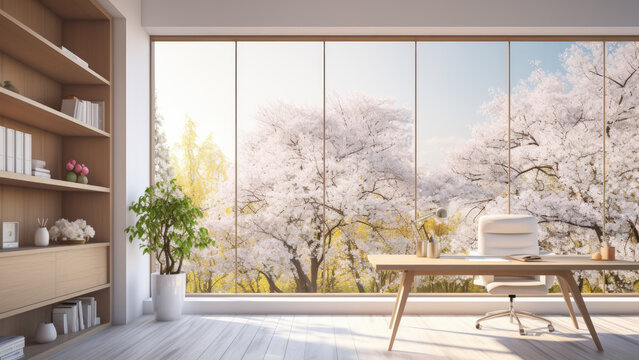 Colorful Spring scenic interior home office computer desk room background or backdrop for online presentations and virtual meetings for teams video call