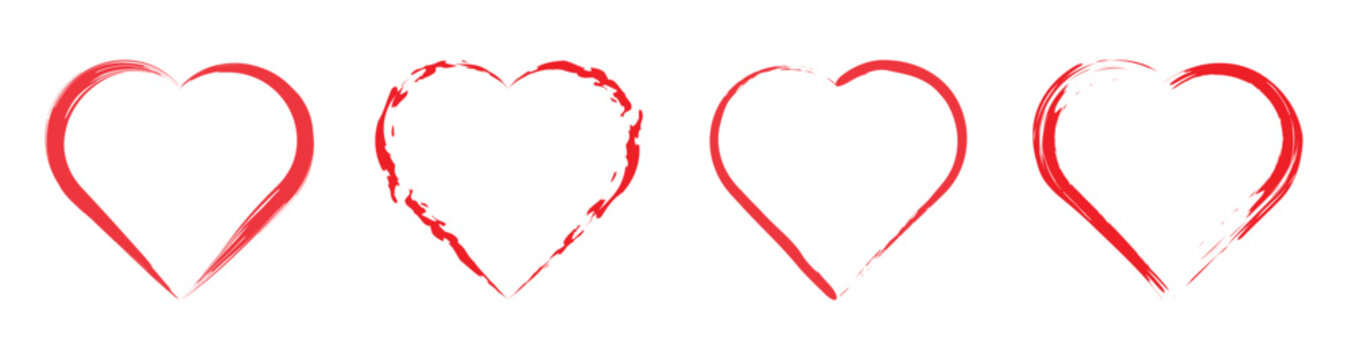 heart shape icons set . red love valentine symbol on transparent background. paint brush drawn shape vector illustration.