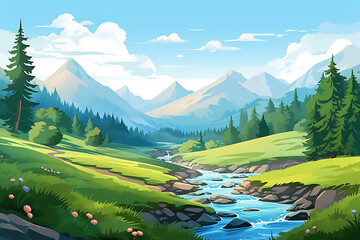 Beautiful landscape. Small river. Mountains on the horizon. Green meadow. Forest. Clear sky. Bright warm colors. The beauty of the nature. Landscape work of art
