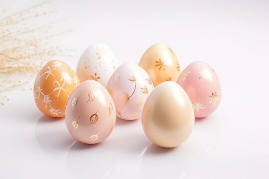Pastel pink and gold Easter eggs adorned with golden soft glowing background for festive celebrations, copyspace for text.