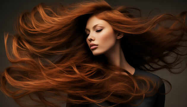 Glamour in the motion of a supermodels long, flowing waves. The intricate makeup and hairstyle add to the allure of the scene. AI Generative.