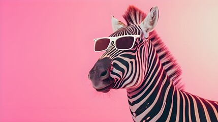 Creative animal concept. Zebra in sunglass shade glasses isolated on solid pastel background, commercial, editorial advertisement, surreal surrealism