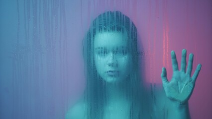 Portrait of female in neon light behind the glass window in steam and water drops. Girl with makeup and hairstyle, hands on glass looks into the camera.