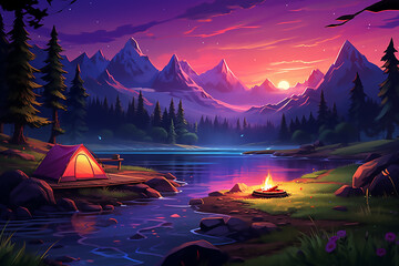 Forest Tent .illustration of Camping Evening Scene. Tent, Campfire, Pine forest and rocky mountains background, starry night sky with moonlight - obrazy, fototapety, plakaty