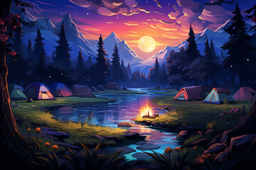Forest Tent .illustration of Camping Evening Scene. Tent, Campfire, Pine forest and rocky mountains background, starry night sky with moonlight