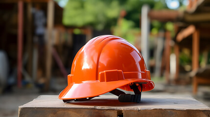 Un casque de sécurité orange avec un arrière plan un chantier de construction.