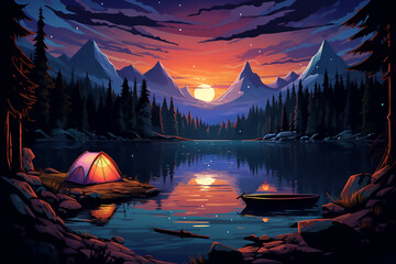 Forest Tent .illustration of Camping Evening Scene. Tent, Campfire, Pine forest and rocky mountains background, starry night sky with moonlight - obrazy, fototapety, plakaty