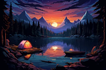 Fototapeten Forest Tent .illustration of Camping Evening Scene. Tent, Campfire, Pine forest and rocky mountains background, starry night sky with moonlight © Farjana CF- 2969560