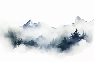 Foggy watercolor mountains, hills and trees isolated elements ,mountains watercolor forest wild nature. watercolor mountain range with high peaks against the blue sky. - obrazy, fototapety, plakaty