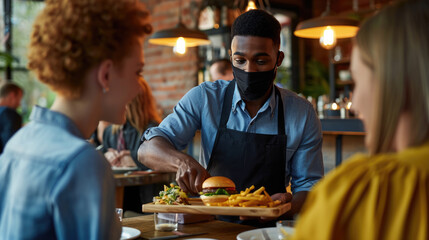 Fototapeta na wymiar Waiter wearing a protective face mask is serving a burger and fries to two customers at a restaurant.