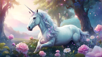 Beautiful illustration ambient fantasy, unicorn in magic lawn, idea for fairytale background or home wall décor . Ai Generative