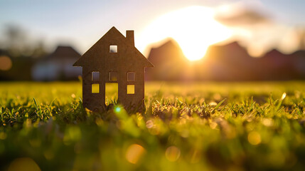Une silhouette de maison posée sur une pelouse avec un coucher de soleil en arrière-plan. - obrazy, fototapety, plakaty