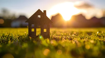 Deurstickers Une silhouette de maison posée sur une pelouse avec un coucher de soleil en arrière-plan. © Gautierbzh