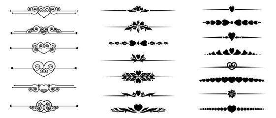 Vector set of decorative dividers with hearts. Text separators. Page decors in black. Design elements for invitations and holiday cards. Ornaments for Valentine's Day or wedding invitations. - obrazy, fototapety, plakaty