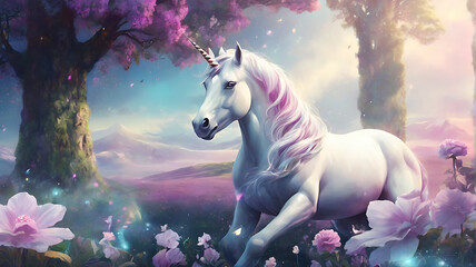 Beautiful illustration ambient fantasy, unicorn in magic lawn, idea for fairytale background or home wall décor . Ai Generative