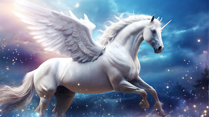 Obraz na płótnie Canvas Realistic magical, mythical winged Pegasus unicorn horse fantasy background.