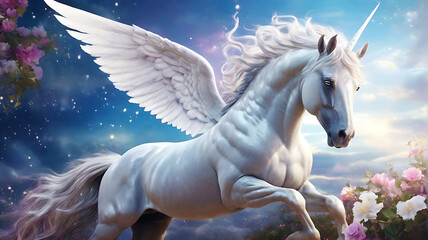 Obraz na płótnie Canvas Realistic magical, mythical winged Pegasus unicorn horse fantasy background.