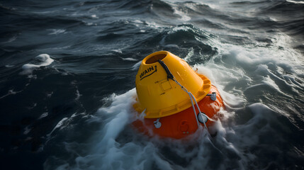 Une bouée de sauvetage jaune flottant sur les eaux agitées de l'océan. - obrazy, fototapety, plakaty