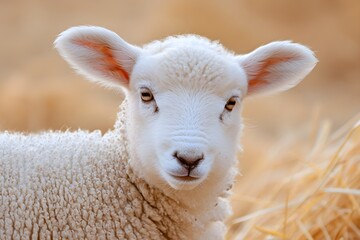 Fototapeta premium Adorable White Lamb Bathed in Golden Light