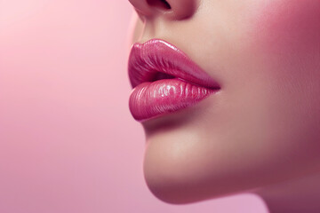 Stylish Purple Lipstick on Woman's Full Lips Against a Soft Pink Background